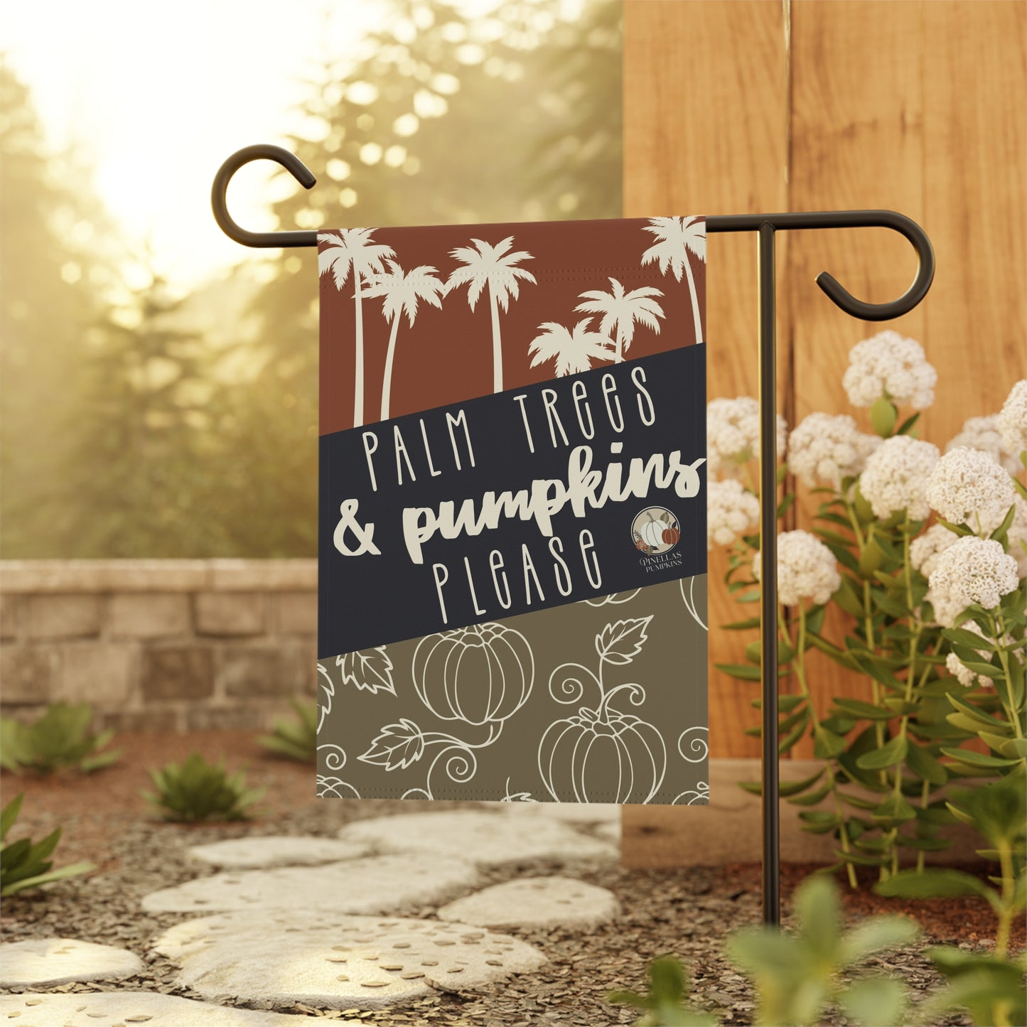 Palm Trees and Pumpkins Please - Fall Themed Florida Garden Flag